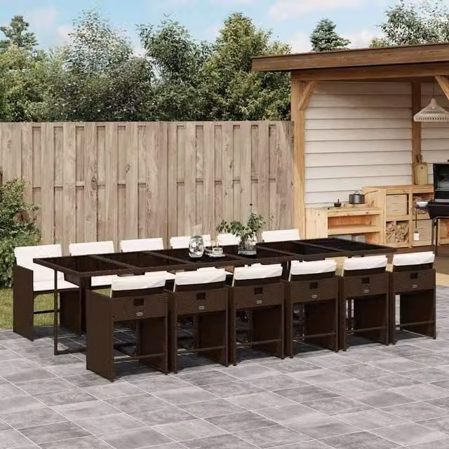 Berkfield Modern Polyrattan Garden Dining Set with Glass Top in Brown and White – 1