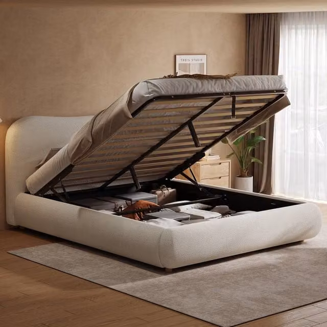 BTM Double Ottoman Storage Bed with Curved Headboard in White Bouclé Fabric, W/D/H: 140 x 200 cm