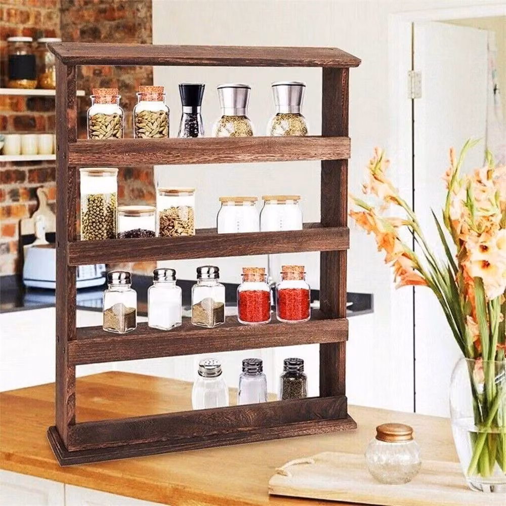 NESTLUNE 4-Tier Wall Mounted Rustic Wood Spice Holder in Brown, W: 100 cm, D: 15 cm, H: 60 cm – 3