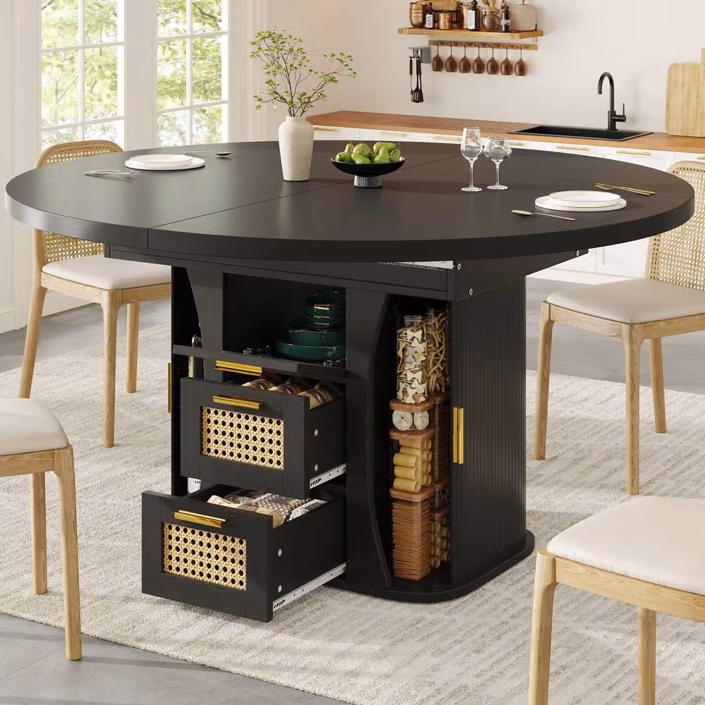 Rolipo Extendable Dining Table with Rattan Storage Drawers in Black – 3
