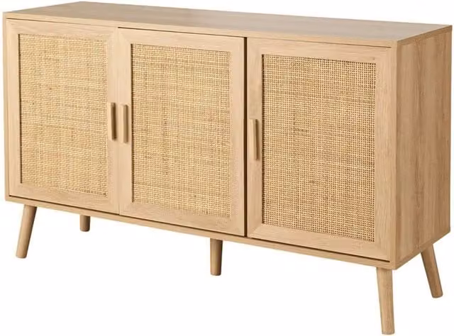 Nordara 3 Rattan Doors Sideboard Cabinet with Solid Wooden Legs in Beige W/D/H: 100 x 100 x 100 cm