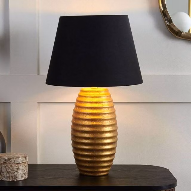 Wyld and Coco Table Lamp with Gold Ceramic Base and Black Fabric Shade – 1