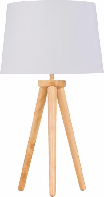 First Choice Lighting Voyage Light Oak Table Lamp with White and Gold Fabric Shade in Brown – 1