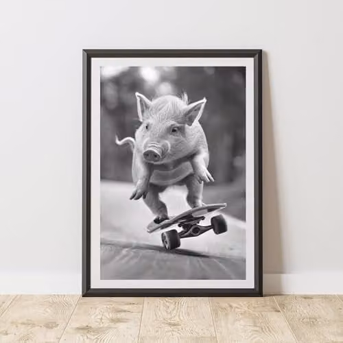 60 Second Makeover Pig Skateboarding Graphic Paper Poster, A4, Multicolour