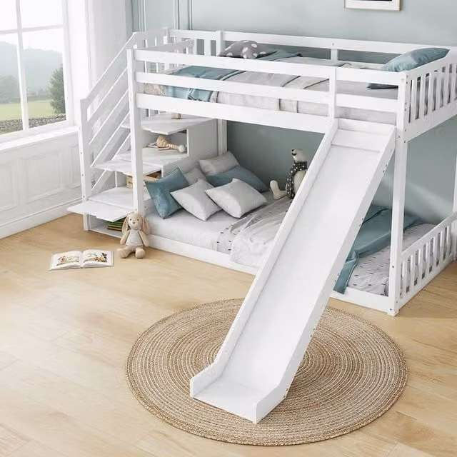 BTM Kids Single Bunk Bed with Stairs and Slide, White Solid Pine and MDF Frame, W/D/H: 190 x 90 x 125 cm