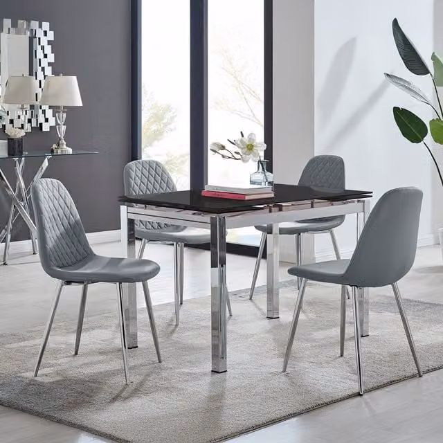 Furniturebox Enna Black Glossy Glass Extending Dining Table and 4 Corona Silver Leg Chairs in Grey
