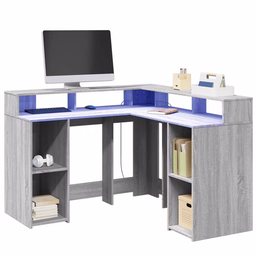 Berkfield Home Soft Desk with LED Lights in Grey Sonoma, W/D/H: 130 x 130 x 91 cm – 2