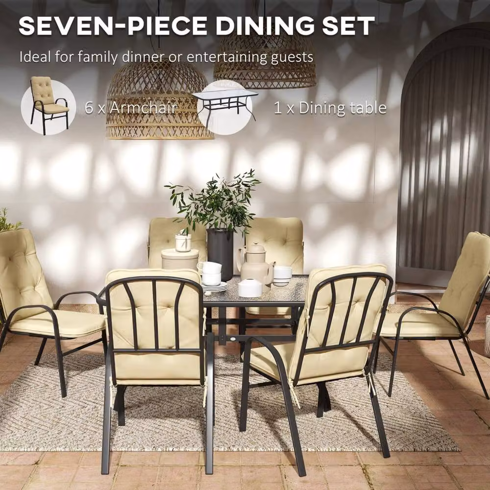 Wyld Haus Seriva 7 Piece 6 Seater Beige Garden Dining Set with Glass Top Table and Cushioned Chairs – 5