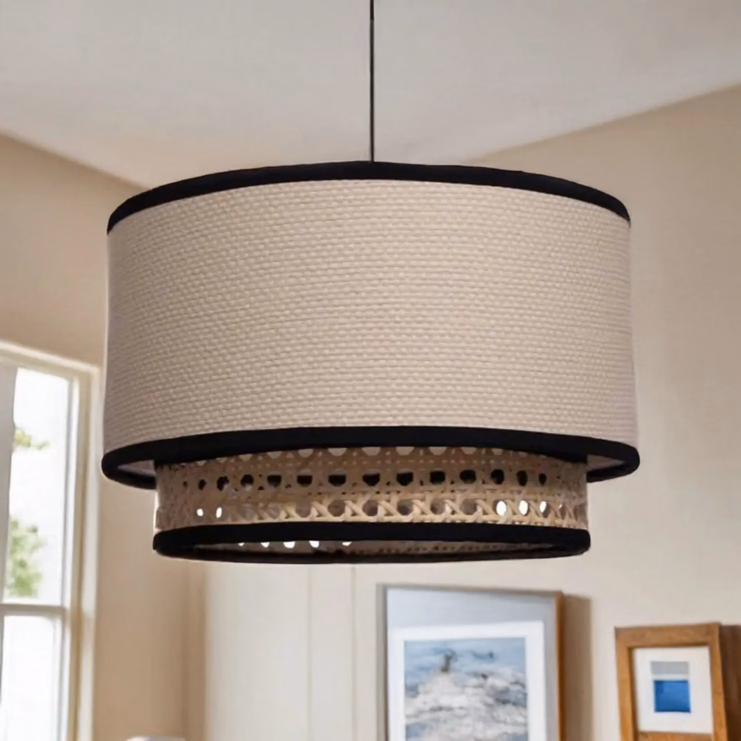 First Choice Lighting Koral Set of 2 Easy Fit Pendant Shades in Natural Rattan and Beige, Diameter: 25 cm – 4