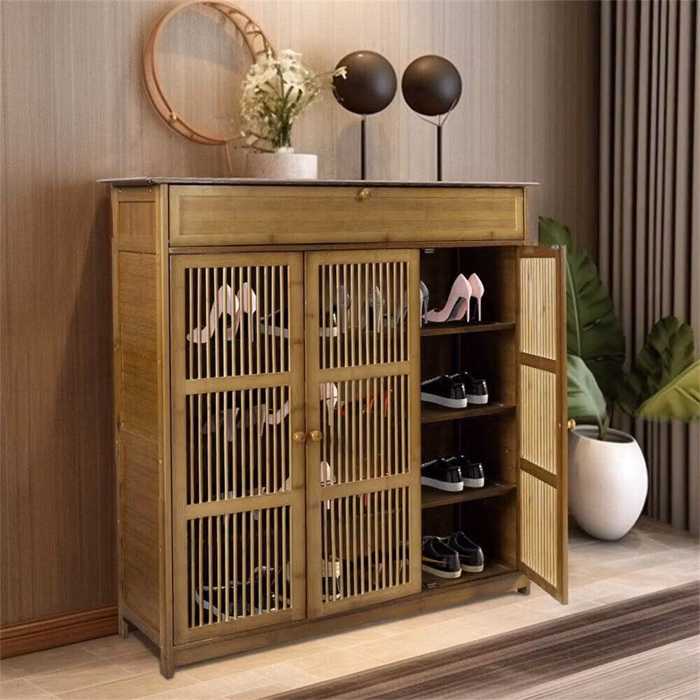 Kelvenix Tall Wooden Shoe Rack with Hinged Doors and Internal Shelves in Brown – 5