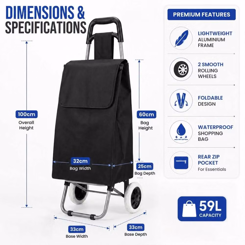 VOGREX 59L 2 Wheel Folding Shopping Trolley, Waterproof Lightweight Cart in Black – 2