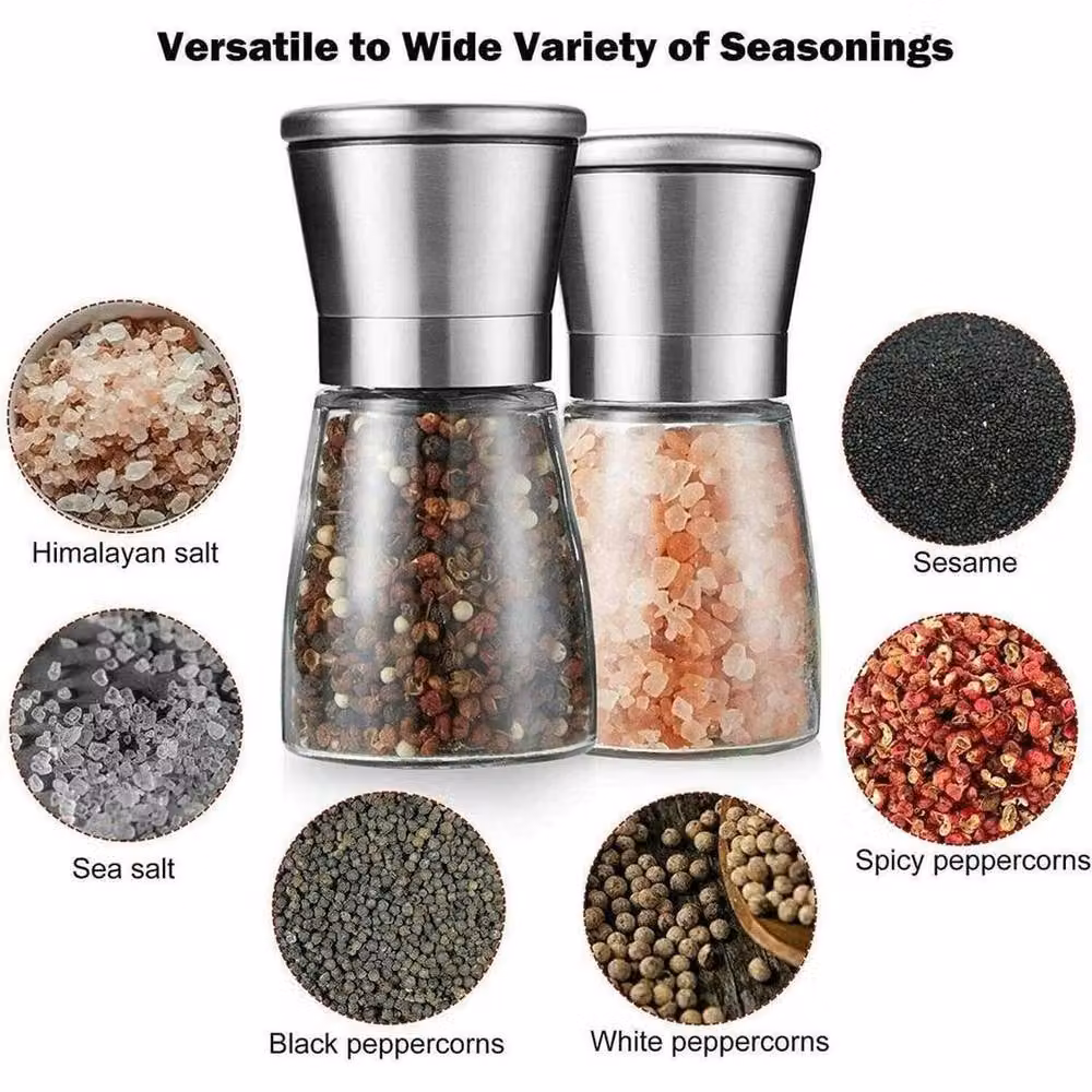 FLAVORA 2-Piece Salt and Pepper Grinder Set in Silver Stainless Steel and Glass – 2