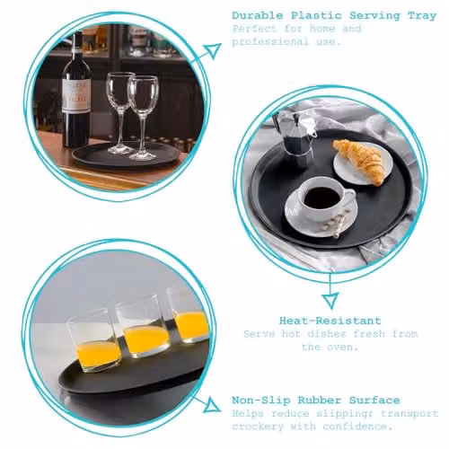 Argon Tableware Black Round Non-Slip Serving Trays, Pack of 6, Diameter: 45.5 cm