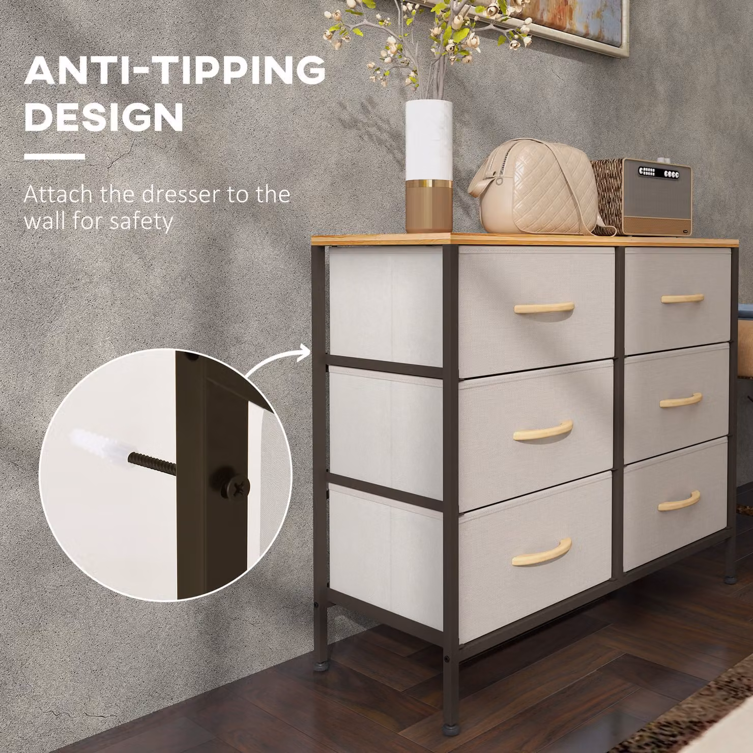 HOMCOM Industrial Fabric Chest of Drawers with 6 Drawers, Steel Frame and Wooden Top, Cream White – 5