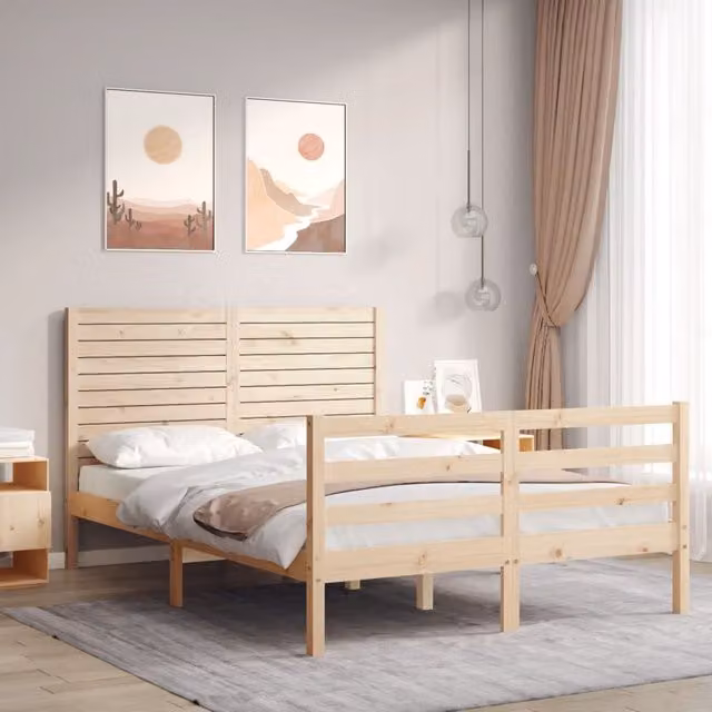 Berkfield Home Small Double Solid Wood Bed Frame with Headboard in Brown Pine
