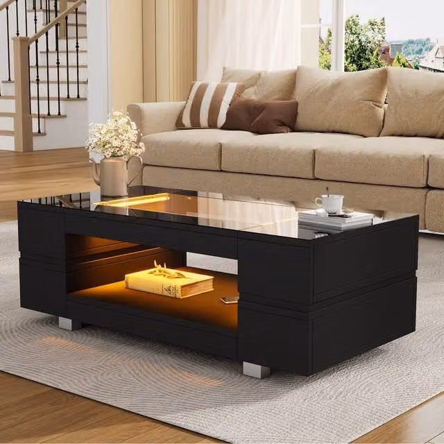 STILVORA Modern Black Coffee Table with LED Lighting and Open Storage, W: 100 cm, D: 50 cm, H: 35 cm – 1