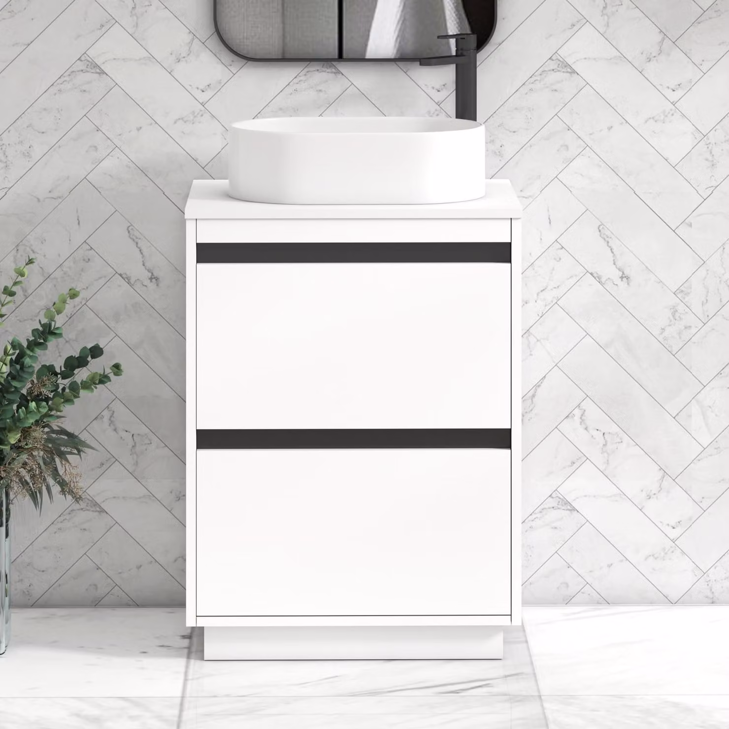 Royal Bathrooms Orion 600mm Matt White Floor Standing 2 Drawer Vanity Unit with Peak Basin and Black Accent Trim