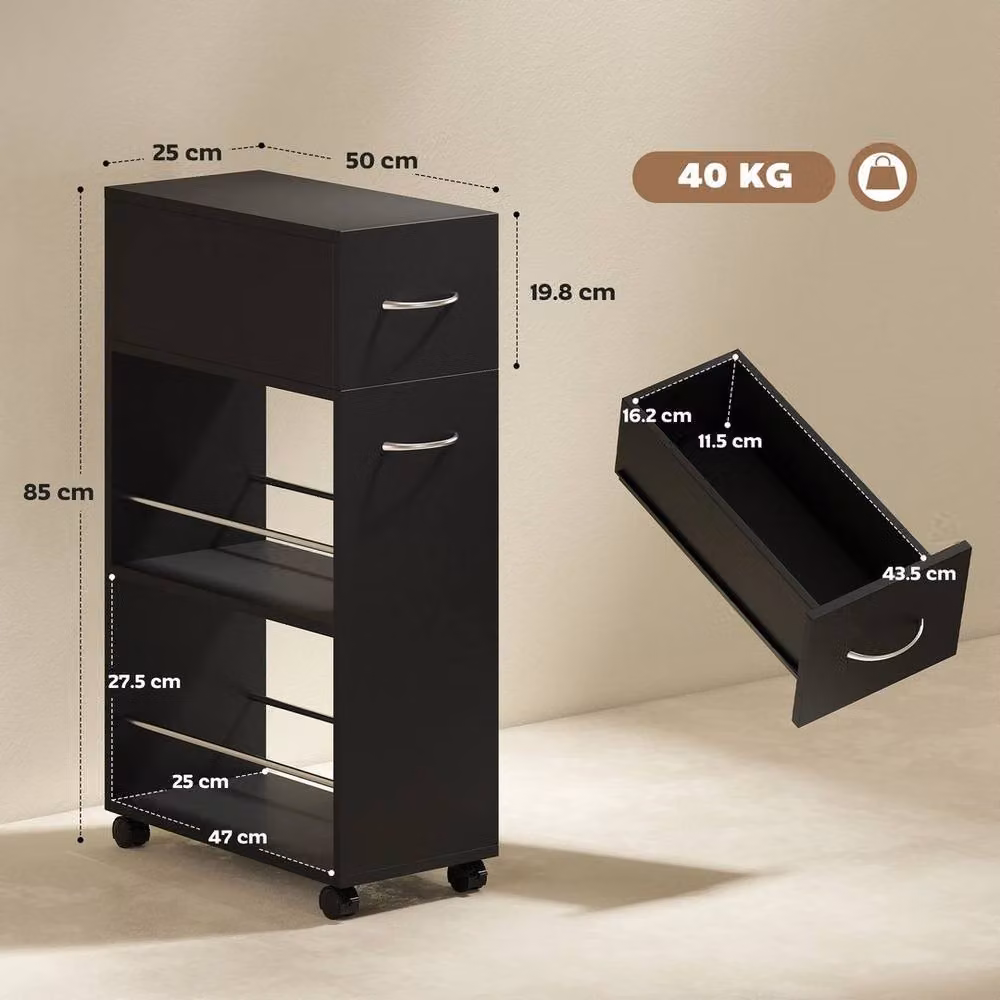 KORVIXA 3-Tier Modern Kitchen and Bathroom Trolley with Drawer in Matt Black – 2