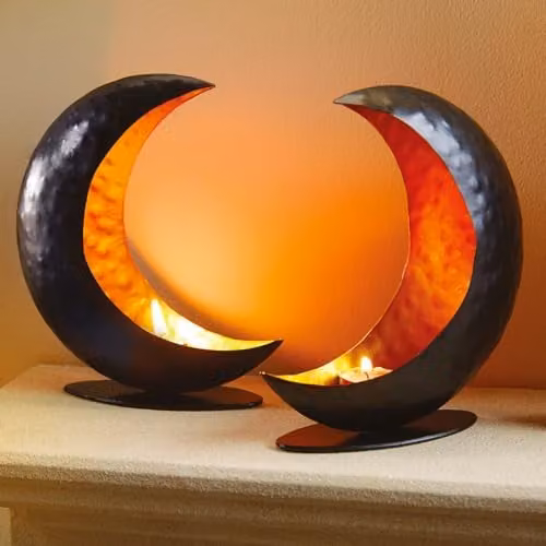 mysmartbuy 2 x Black and Gold Crescent Moon Metal Candle Holders for Tealights and Votives, H 17.5 x W 20 x D 6 cm