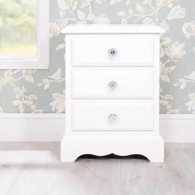 Statement Furniture Romance 3 Drawer French Style Bedside Cabinet in White Solid Wood with Crystal Handles W/D/H: 45 x 35 x 61 cm