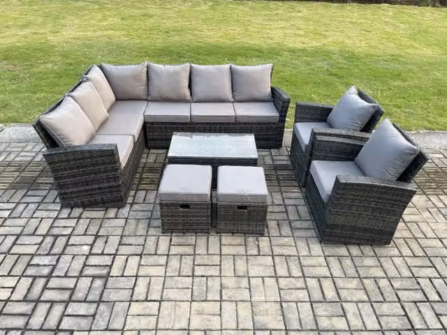 Fimous 10 Seater High Back Rattan Garden Furniture Set with Rectangular Coffee Table in Dark Grey