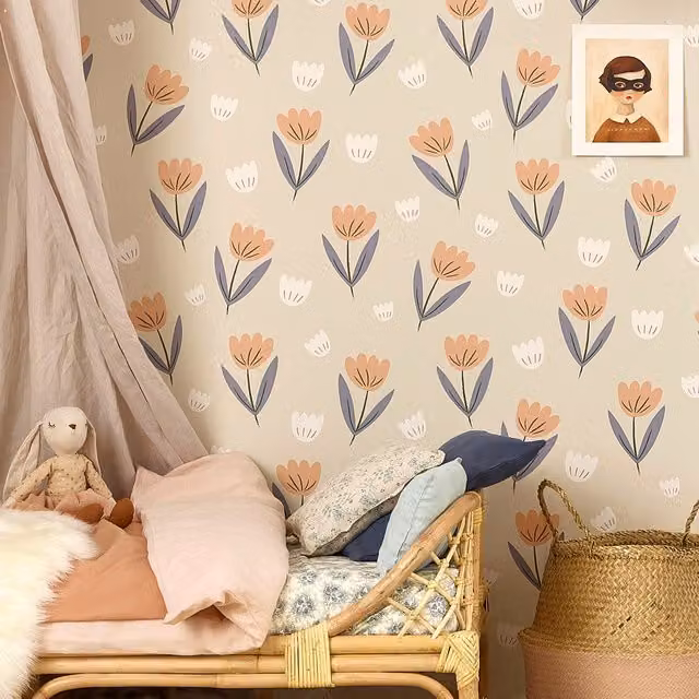 Hibou Design Fleur Botanical Floral Wallpaper in Peach and Blue Multicolour