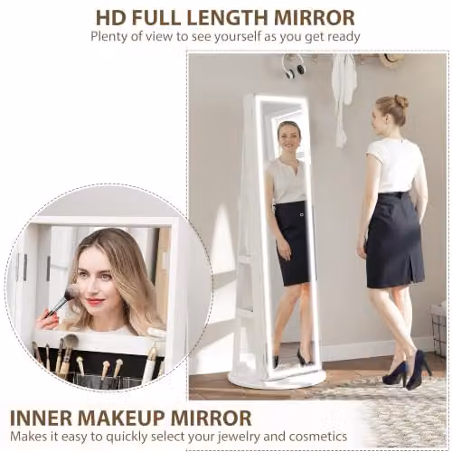 HOMCOM White Mirror Jewellery Cabinet with LED Lighting and Internal Shelves, H 158.5 x W 55.0 x D 22.0 cm – 3