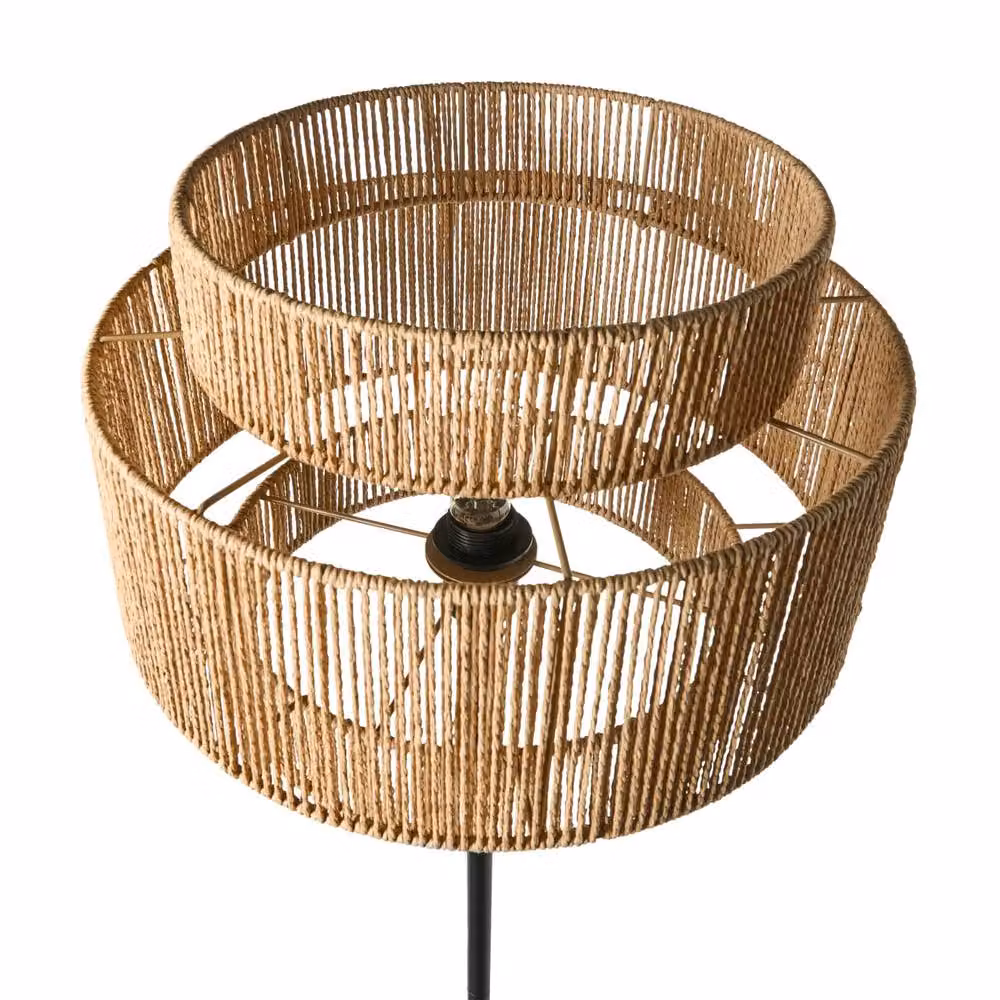 Wyld and Coco Boho Style Floor Lamp with Natural Paper and Rattan Shade and Matte Black Metal Base – 3