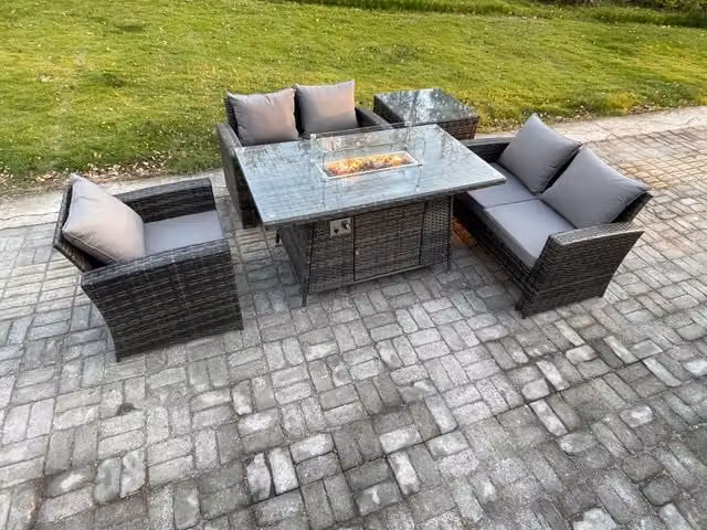 Fimous 5 Seater Rattan Outdoor Garden Furniture Set with Gas Fire Pit Table, Love Sofa, Armchair and Side Table in Dark Grey