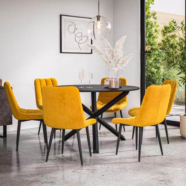 More4Homes Malvern Round Black Dining Table with 6 Mustard Nova Velvet Chairs and Black Oak Legs, W/D/H: 120 x 120 x 75 cm