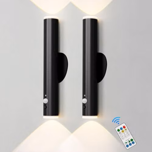 Harper Living Set of 2 Black LED Rechargeable Battery Operated Wall Lights with Motion Sensor, Remote Control, Dimmable and Timer Functions – 1