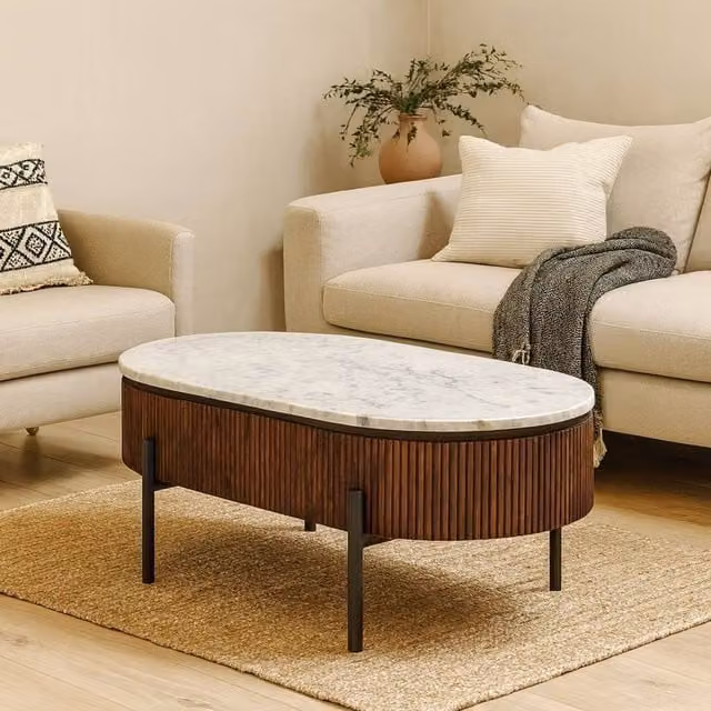 Wyld Haus Alabama Ribbed Mango Wood Oval Coffee Table with Marble Top in Brown and Black, W/D/H: 120 x 55 x 45 cm
