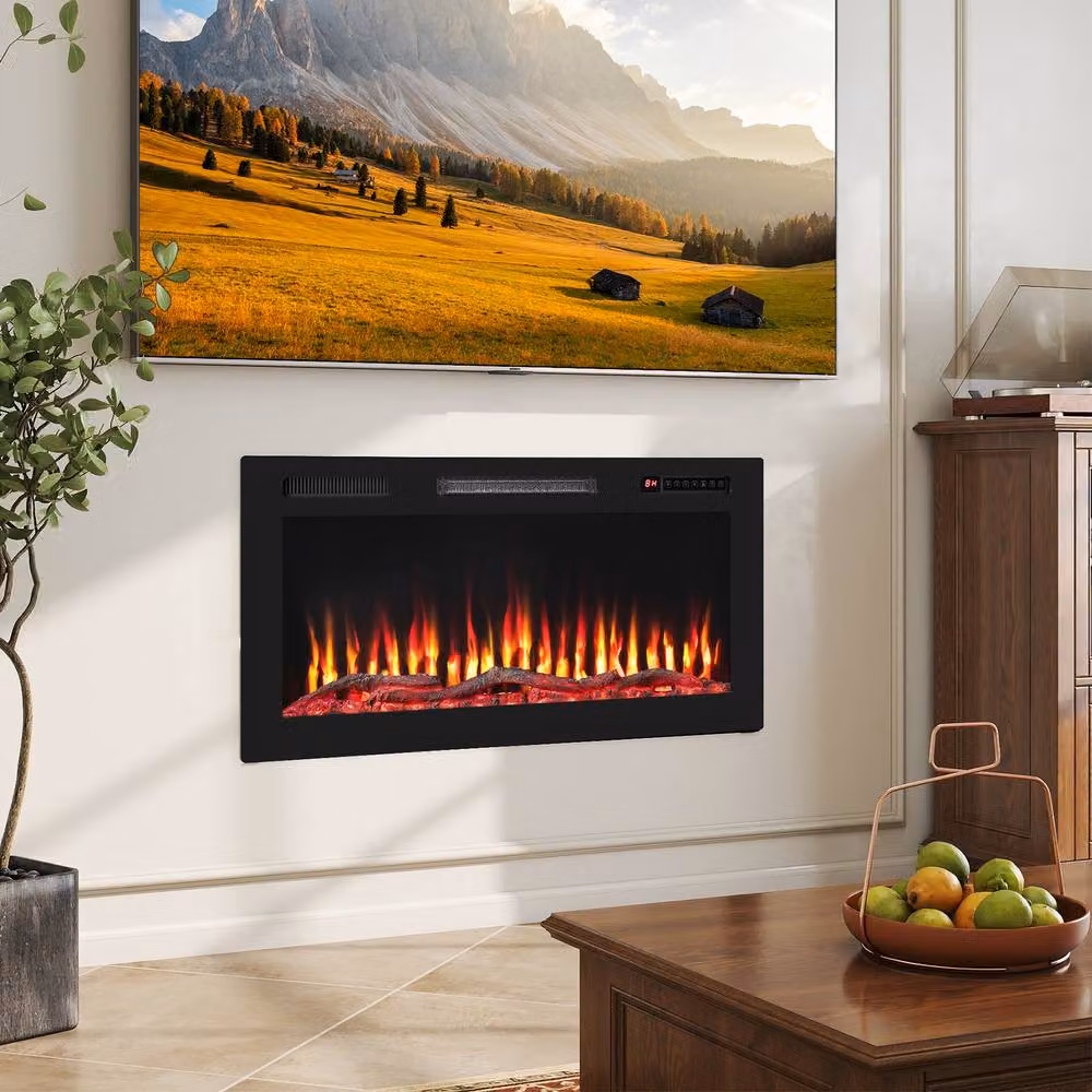 Costway Recessed 36 inch Electric Fireplace Wall Mounted Heater with Sleep Mode in Black – 7