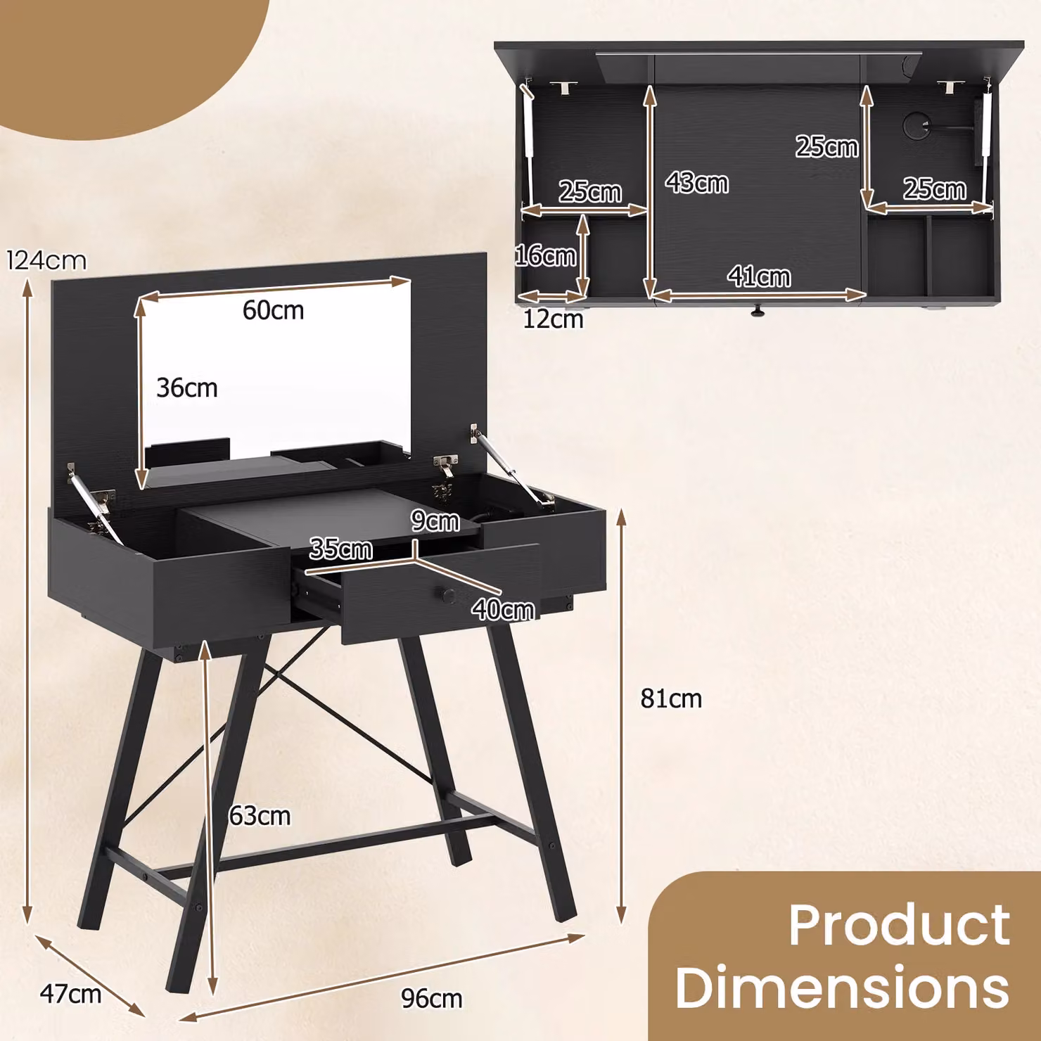 Costway Modern Black Flip Top Vanity Desk with Mirror and Metal X-Frame Design – 6
