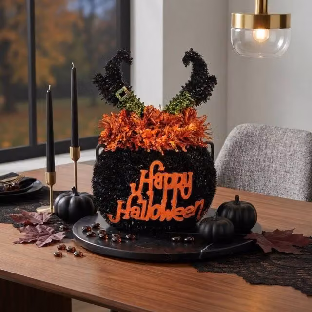 Garden Greatness Sparkling Tinsel Witch's Cauldron Tabletop Halloween Decoration, Black and Multicolour