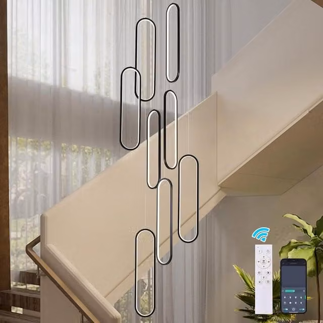 Garwarm Black Dimmable LED Staircase Chandelier with Remote Control and Height Adjustable Pendant Light – 1
