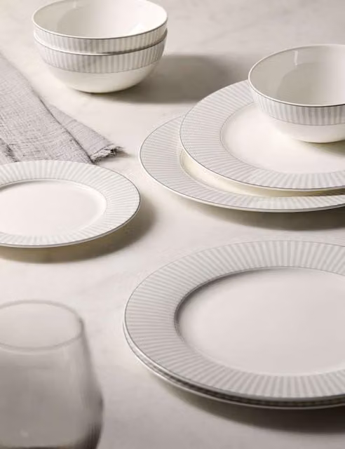 M&S Hampton 12 Piece Bone China Dinner Service in Grey and White Striped Mix