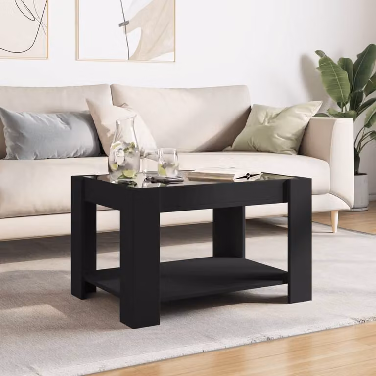 Berkfield Home Modern Black Decorative Coffee Table with LED and Glass, W: 73 cm, D: 53 cm, H: 45 cm