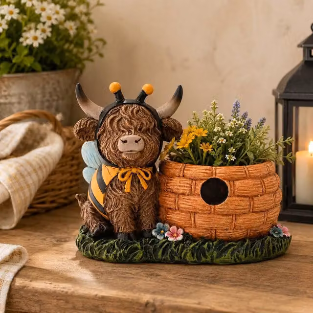 Country Living Highland Cow With Beehive Ceramic Planter in Brown