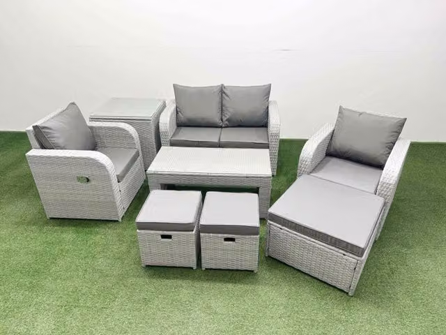 Fimous 7 Seater Grey PE Wicker Rattan Garden Furniture Set with Adjustable Reclining Chairs, Oblong Coffee Table and 3 Stools