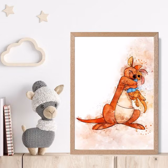 ARTZE Kanga and Roo Winnie the Pooh Watercolour Art Print with Oak Frame, Burnt Orange, A4