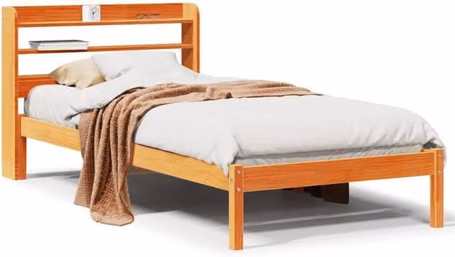 Berkfield Home Solid Pine Bed Frame with Headboard and Side Compartments, Wax Brown, W: 100 cm, L: 200 cm – 1