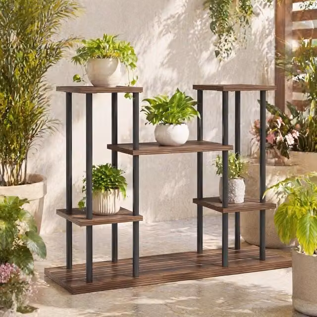 STILVORA Industrial 4-Tier Plant Stand with 6 Shelves in Black Metal and Wood – 1
