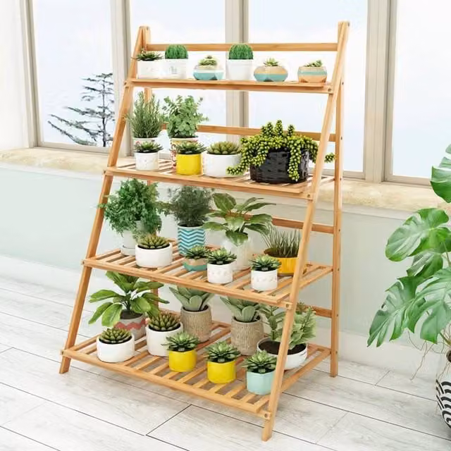 KORVIXA Bamboo Ladder Shelf in Natural Wood, W/D/H: 43 x 43 x 110 cm