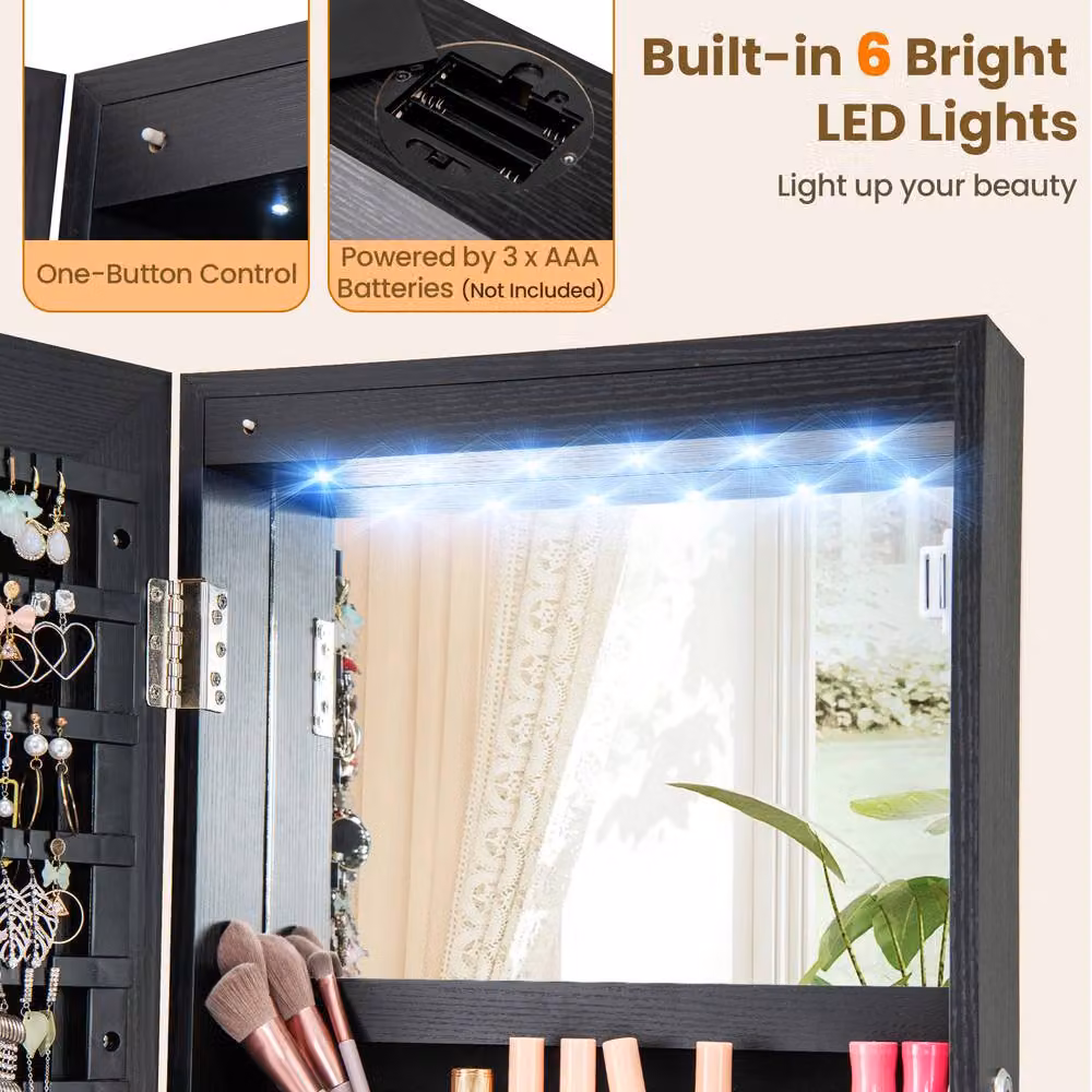 Costway 4 in 1 Swivel Lockable Jewelry Armoire with LED Lighting and Mirror in Black – 6