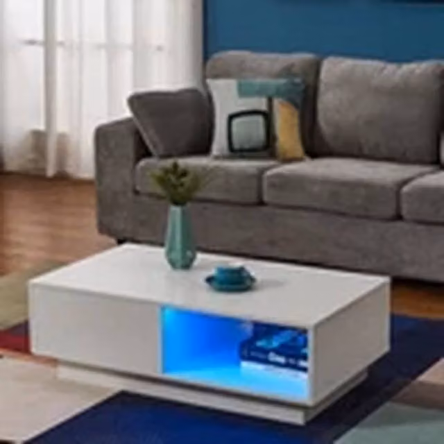 EONLION Modern White Glossy Coffee Table with Storage Drawer and Shelf