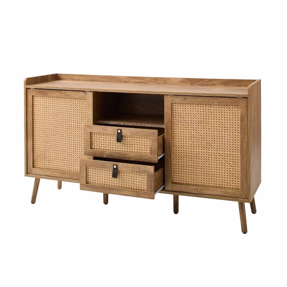 CALICOSY PALMO 2-Door 2-Drawer Sideboard with Rattan Fronts in Light Brown, Width: 140 cm – 4