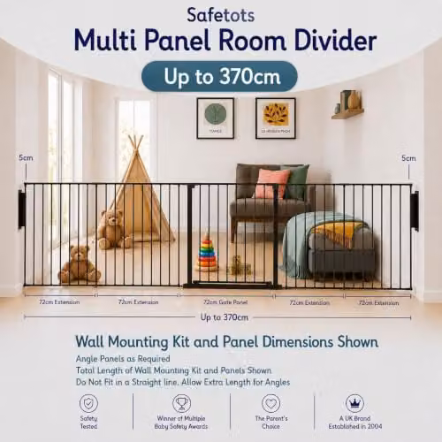 Safetots Premium Multi Panel Room Divider with Swing Door, Black, Width: 370 cm, Height: 70 cm – 3