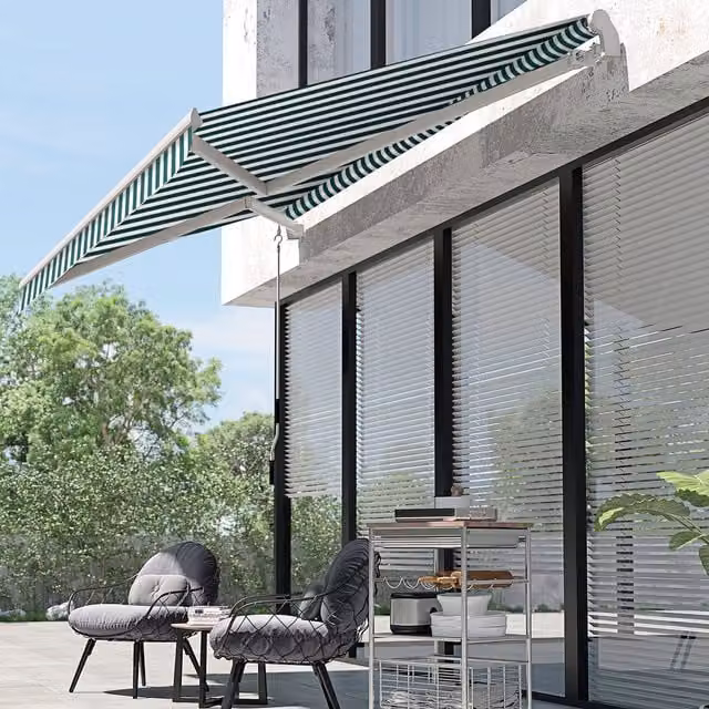 Outsunny Manual Folding Arm Garden Awning Canopy in Green and White Striped Design