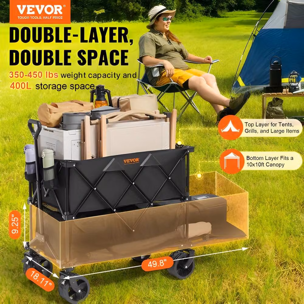 VEVOR Foldable Double Decker All-Terrain Trolley Wagon with Swivel Wheels, 400L Capacity, 450 lbs Load, Black – 2